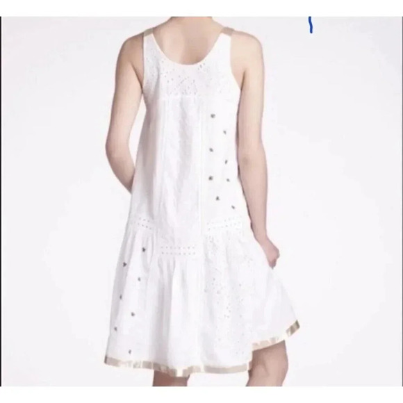 Anthropologie Leifnotes White Eyelet Gold Trim Beaded Sleeveless Dress Size 4 - Picture 7 of 16